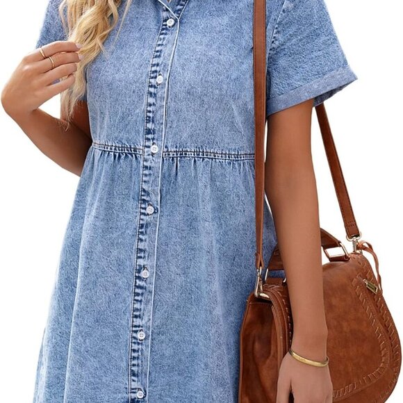 Women's Short Sleeve Button Down Flowy Tiered Babydoll Denim Dress - Picture 1 of 7